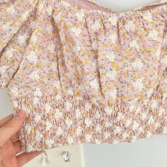 Storia Womens S Pink Floral Embroidered Puff Sleeve Crop Top Boho Cottage Fairy - Picture 7 of 8